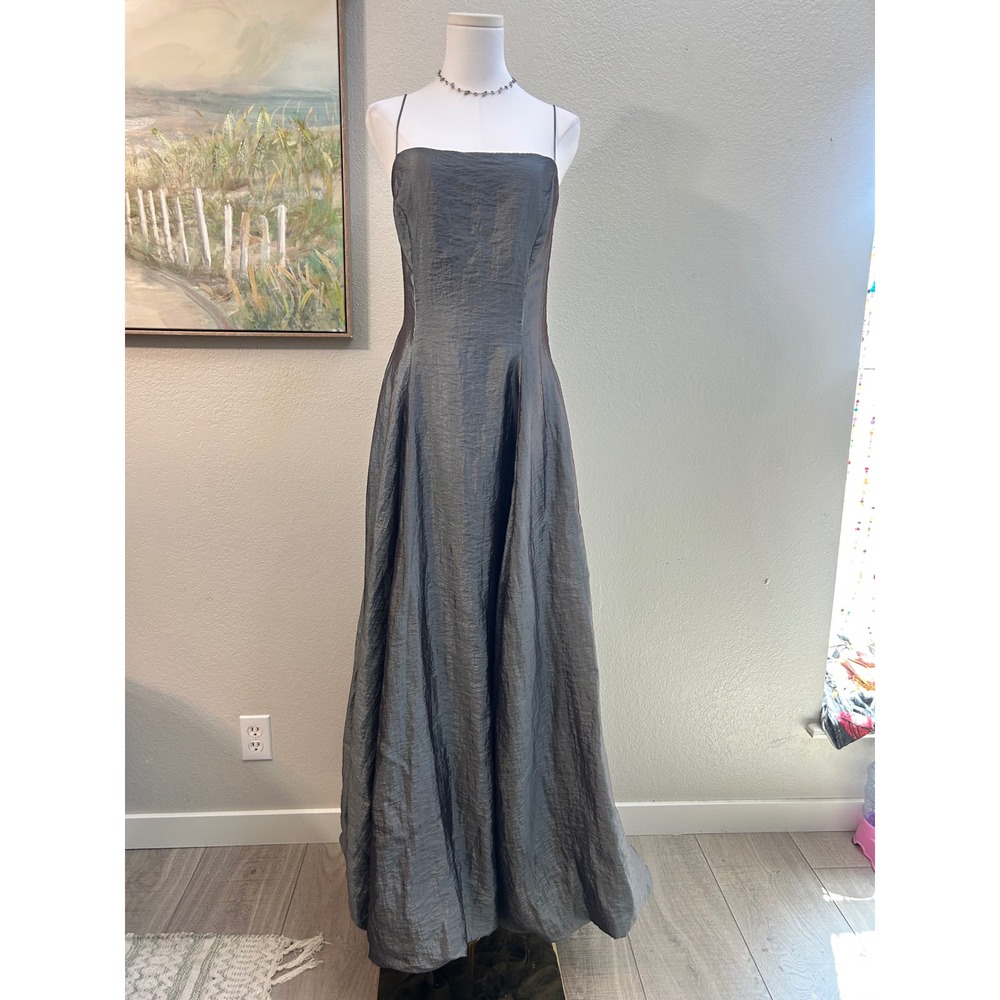 Vintage 90s A.B.S. Allen Schwartz Gray Metallic Maxi Evening Gown 12